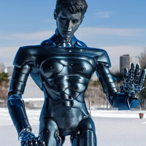 Image similar to made of ice, a realistic detailed photo of a guy who is an attractive humanoid who is half robot and half humanoid, who is a male android, on display, blank stare, showing off his muscles, shiny skin, posing like a statue, by the pool, frozen ice statue, twitch streamer / gamer ludwig, humanoid robot