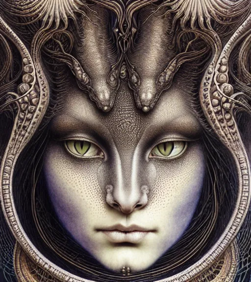 Prompt: detailed realistic beautiful bast cat goddess face portrait by jean delville, gustave dore, iris van herpen and marco mazzoni, art forms of nature by ernst haeckel, art nouveau, symbolist, visionary, gothic, neo - gothic, pre - raphaelite, fractal lace, intricate alien botanicals, biodiversity, surreality, hyperdetailed ultrasharp octane render