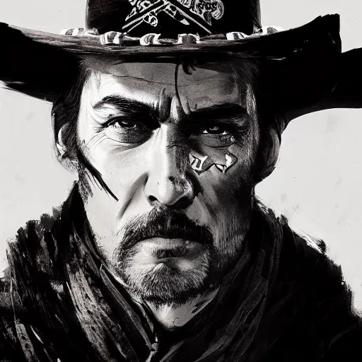 Prompt: portrait of a priest of the wild west, black paint on face, drawn by ruan jia, fantasy art, red dead redemption, django, town background, weird west, deadlands, dramatic lighting, digital art, 8 k, extremely detailed