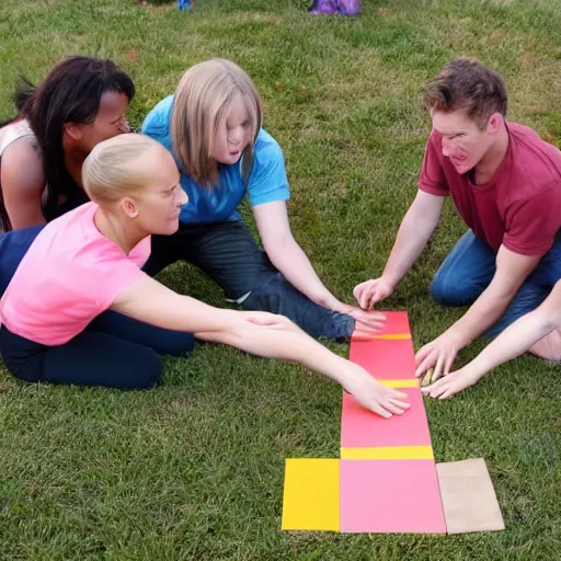 Image similar to a group of friends on all fours, playing twister.