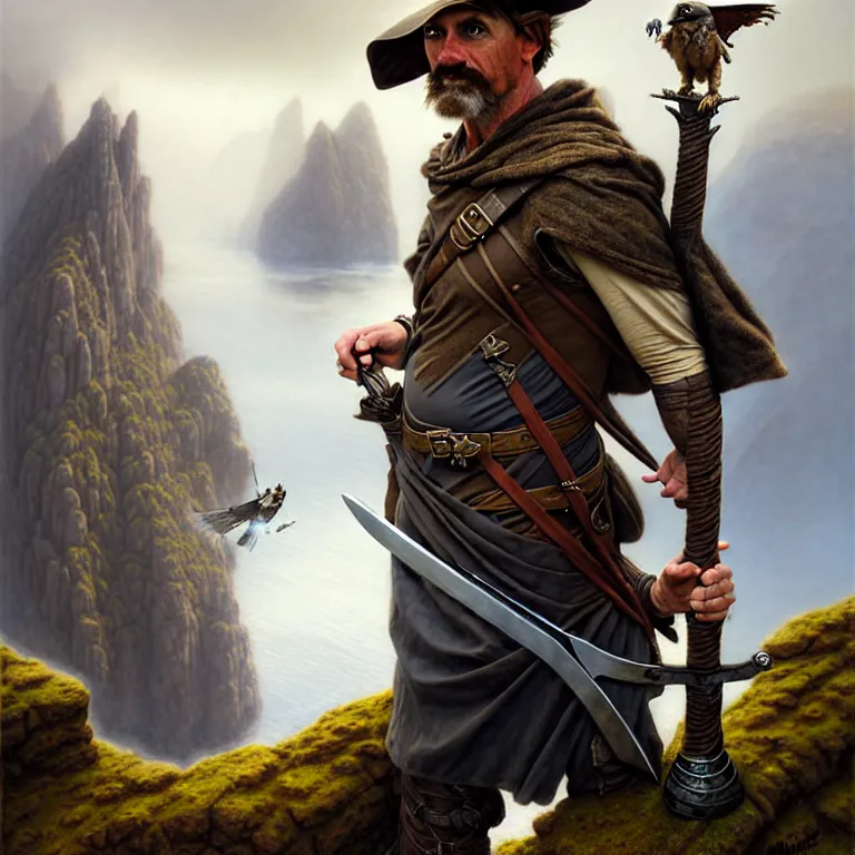 Prompt: middle age ranger with rugged expressions falcon pet on his shoulder holding a high detailed long sword, top a cliff observing old ruins of a castle, elegant clothing, photorealistic render, matte painting, highly detailed, artstation, smooth, sharp focus, art by michael whelan, artgerm, greg rutkowski