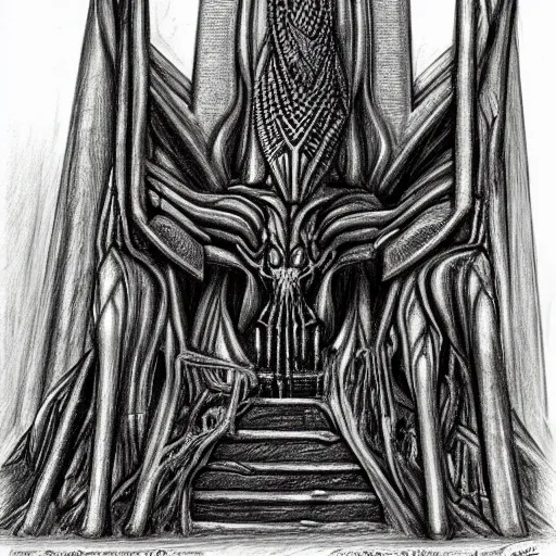 Prompt: a pencil drawing of an alien throne by H.R Giger