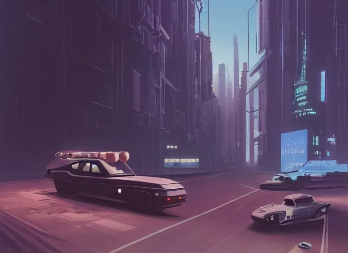 Prompt: a car bu driving down a street next to small buildings the night, cyberpunk art by Chesley Bonestell, cgsociety, retrofuturism, matte painting, reimagined by industrial light and magic