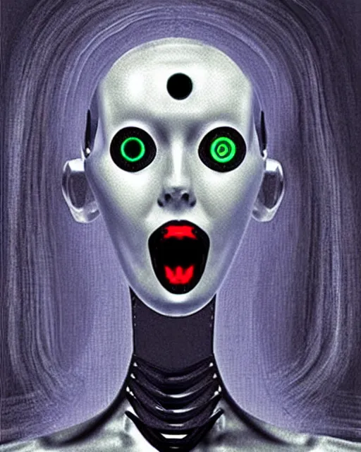 Image similar to scary portrait of a female robot with glowing eyes, similar to the scream drawing by Edvard Munch