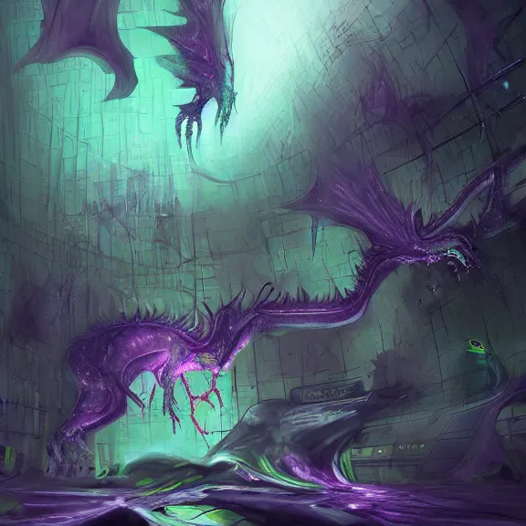 Image similar to inside a cavernous living stomach, the walls purple and pulsing, lots of acid pooling up on the floor, digesting a small dragon, half dissolved on the floor, food pov, micro pov, vore, digital art, furry art, anthro art, warframe infested art, high quality, 8k 3D realistic, macro art, micro art, Furaffinity, Deviantart, Eka's Portal, G6