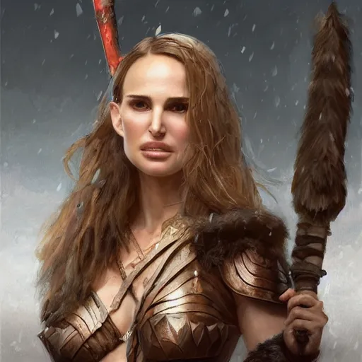 Prompt: portrait of natalie portman as a barbarian warrior, au naturel, hyper detailed, digital art, trending in artstation, cinematic lighting, studio quality, smooth render, unreal engine 5 rendered, octane rendered, art style by klimt and nixeu and ian sprigger and wlop and krenz cushart.