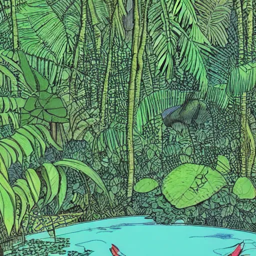 Image similar to a pond in a lush jungle, drawing by moebius