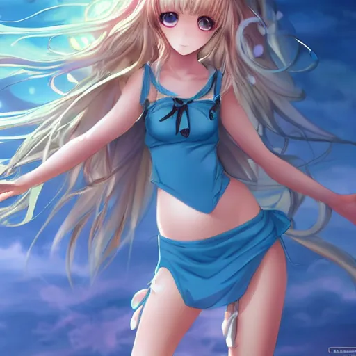 Image similar to a very beautiful young anime flower girl, full body, long wavy blond hair, sky blue eyes, full round face,, bikini, miniskirt, front view, mid - shot, highly detailed, cinematic wallpaper by stanley artgerm lau