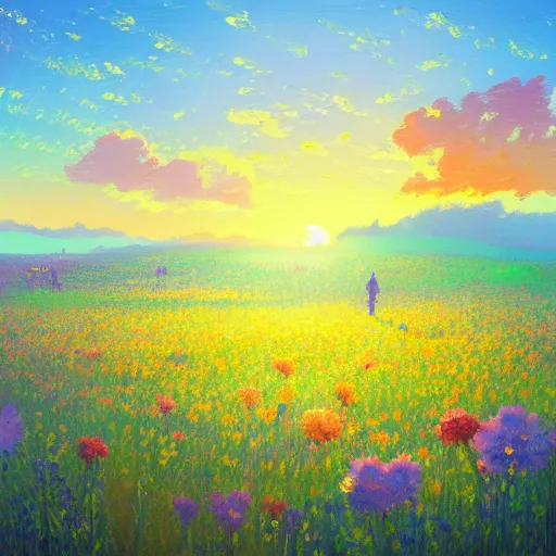 Image similar to who cared, flower field, beautiful sunset on a summer day light, impressionist painting, colorful clouds, blue sky, digital painting, artstation, simon stalenhag