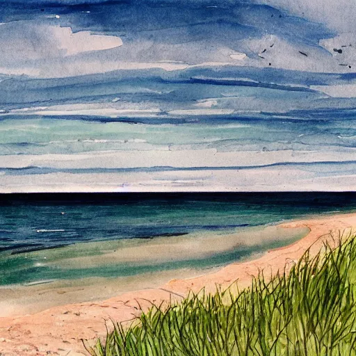 Image similar to shore of the Bruce Peninsula on an overcast day, looking out on the lake from the shore, beautiful illustration