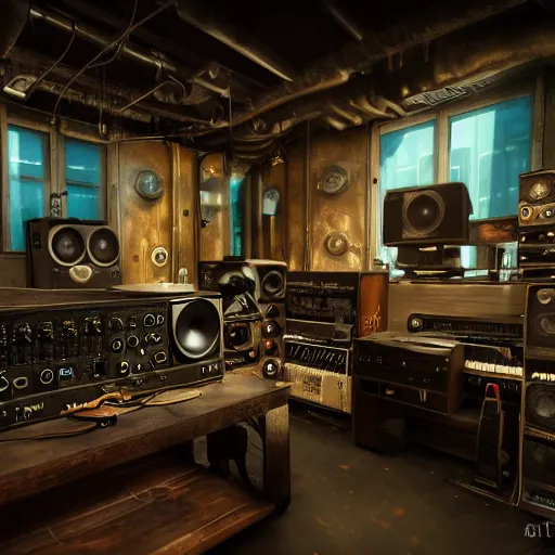 Prompt: steam punk music studio full of mixers, speakers and old electronic music machines and cables, artstation, unreal engine, voluminous lighting