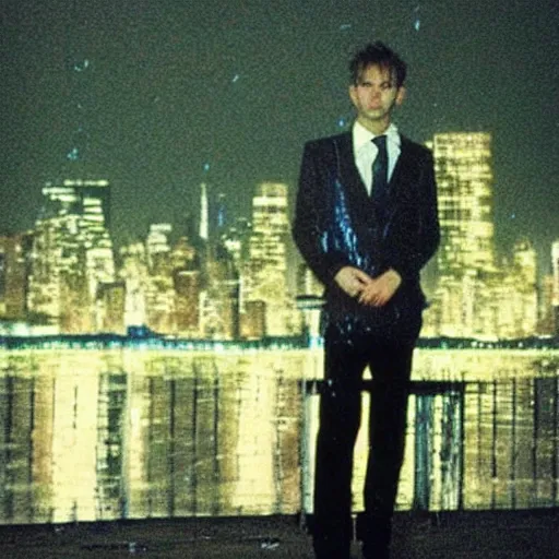 Prompt: “ nick stahl as an undercover cop walking in the rain at night in queens in the 1 9 9 0 s with the new york skyline in the distance. ”