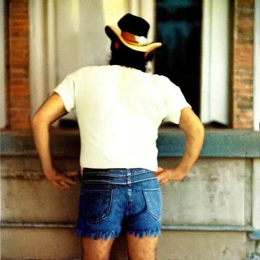 Image similar to fidel castro wearing denim shorts, from behind, full body portrait, 3 5 mm film, by nan goldin