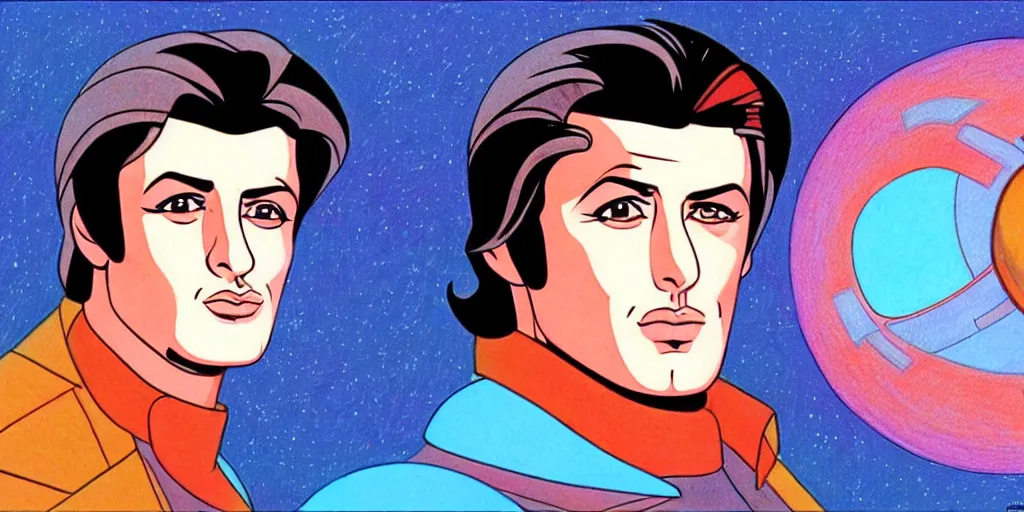 Image similar to traditional drawn colorful animation a symmetrical portrait of Alain Delon Stallone from 1960 60s pilot in posing in spaceship station planet captain bridge, сomet tail, outer worlds, robots, extraterrestrial hyper contrast well drawn in Jean Henri Gaston Giraud animation film The Masters of Time FANTASTIC PLANET La planète sauvage animation by René Laloux