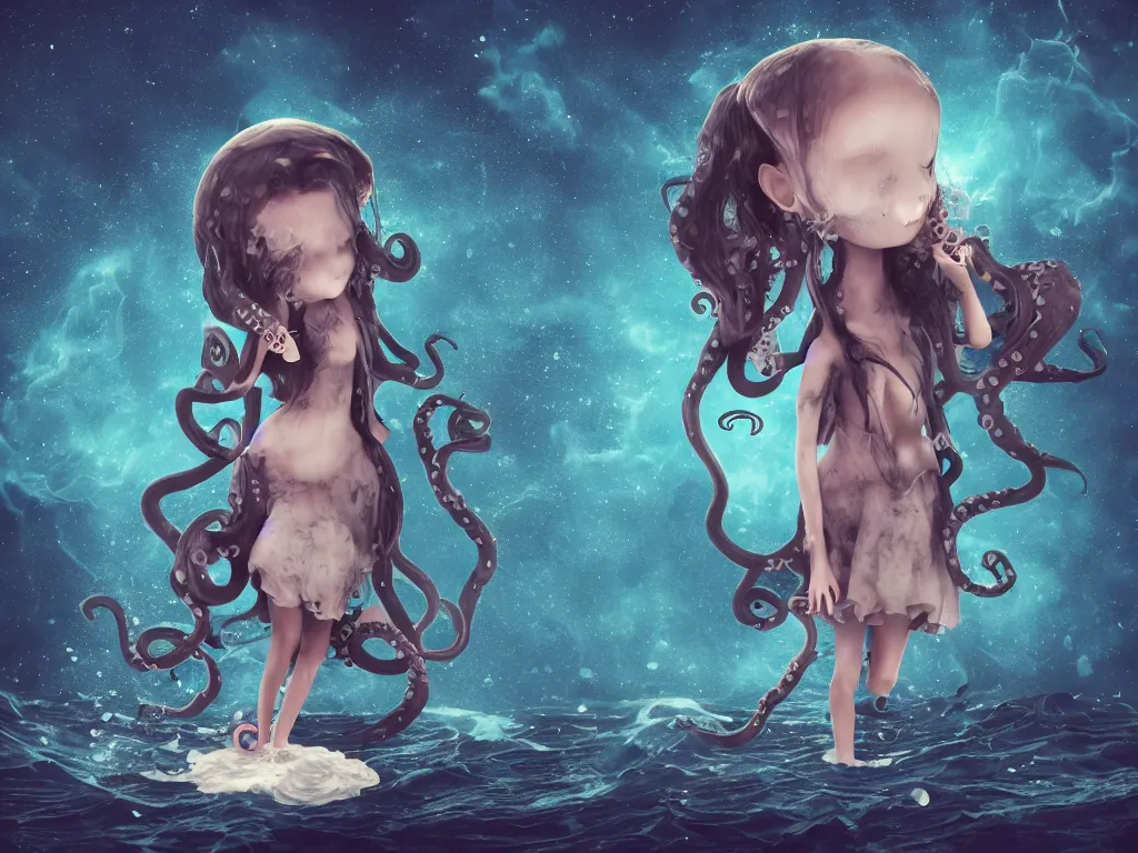 Image similar to cute fumo plush gothic octopus maiden alien girl combing her hair in the waves of the dark galactic abyss, tattered ragged gothic dress, ocean waves and reflective splashing water, ocean simulation, vignette, vray