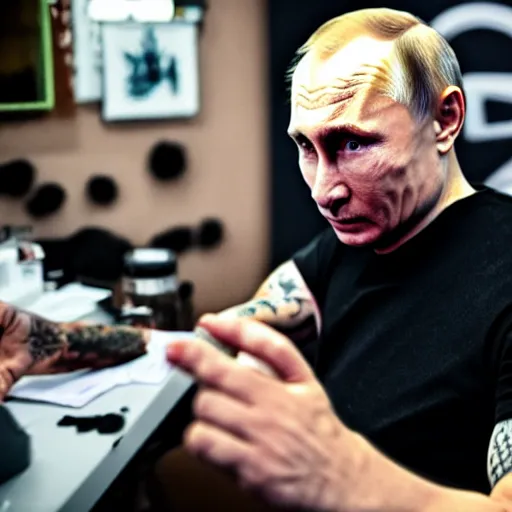 Image similar to putin at a tattoo shop. getting a tattoo of the letter z on his chest. canon eos r 3, f / 1. 4, iso 2 0 0, 1 / 1 6 0 s, 8 k, raw.