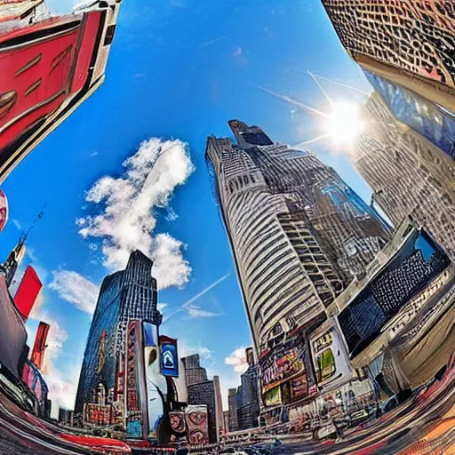 Image similar to sole of a boot about to step down, worms view, looking up, times square, sun spot, fisheye, hyperrealistic