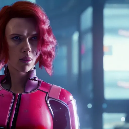 Image similar to injured scarlett johansson after a bad mission in Cyberpunk 2077. CP2077. 3840 x 2160