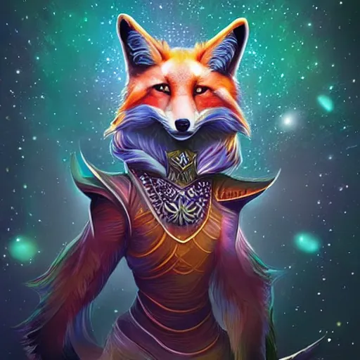 Prompt: a stylized painting for an avatar of an awesome cosmic powerful luxurious foxfolk mage themed around death and the cosmos, in the style of dnd beyond avatar portraits, beautiful, artistic, elegant, lens flare, magical, lens flare, nature, realism, stylized, art by jeff easley