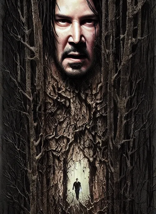 Image similar to highly detailed horror movie poster with angry creepy keanu reeves as a tree, keanu reeves faces in the bark of many trees sentient leafy catastrophe by greg rutkowski, masterpiece, really funny, 1 0 / 1 0 creepy