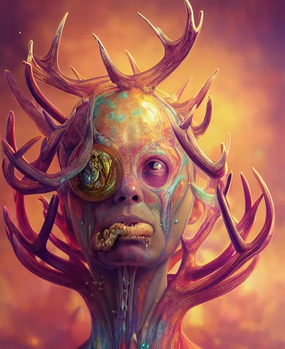 Prompt: intricate colorful transparent portrait of a terrifying beautiful alien sea creature, antlers, mottled coloring, adorable, childlike, anxiety environment, ultra realistic, concept art, art nouveau, photorealistic, octane render, 8 k, unreal engine. art by christopher marley and artgerm and greg rutkowski and alphonse mucha