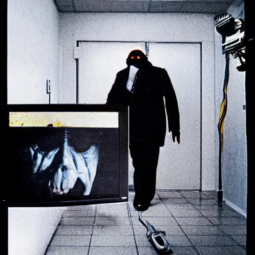 Prompt: a creepy filmic 30mm filmic wide shot ground level angle movie still color film photograph of a 70-year old doctor wearing a surgical mask being overtaken by a dangerous shape shifting alien creature, with multiple mutated snarling drooling human faces with a grotesque variety of gorey human limbs in the style of a live action 1980s horror film, The Thing 1982