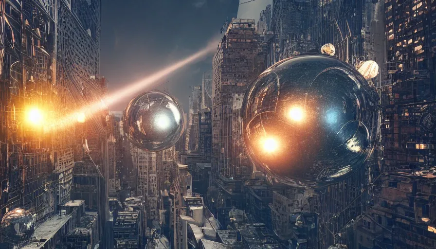 Prompt: metallic spheres destroying new york city, reflections, sunlight, destruction, hyperdetailed, artstation, cgsociety, 8 k