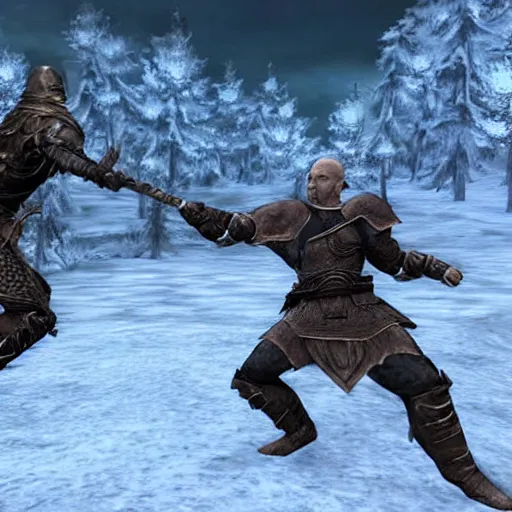 Prompt: “ joe biden duels joe biden in skyrim, in - game screenshot ”