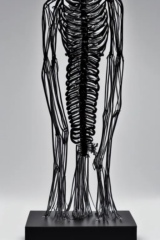 Prompt: human nervous system with spinal structure surrounded with geometric luminous polished glass cube, carbo, oxyd and glass materials, anatomical sculpture, black background