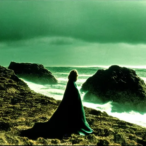 Prompt: dark and moody 1 9 7 0's artistic spaghetti western film in color, a woman in a giant billowy wide flowing waving dress made out of sea foam, standing inside a green mossy irish rocky scenic landscape, crashing waves and sea foam, volumetric lighting, backlit, moody, atmospheric