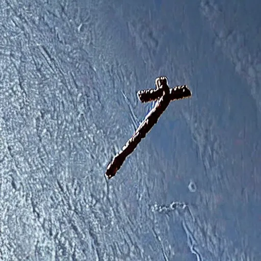 Image similar to jesus on a cross being launched into space