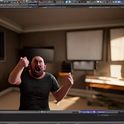 Image similar to an angry man yells at his computer monitor, unreal 4, render