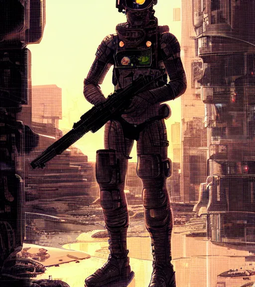 Image similar to a cyberpunk soldier with tactical gear and a rifle patrols a Japanese city on mars, Industrial Scifi, detailed illustration, character portrait, by Martin Grip and Moebius