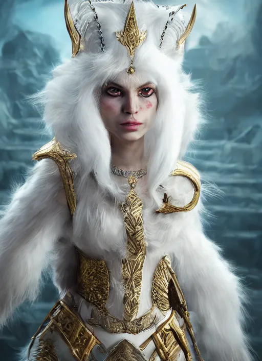 Image similar to An epic fantasy comic book style portrait painting of a white persian cat queen in throne, unreal 5, DAZ, hyperrealistic, octane render, cosplay, RPG portrait, dynamic lighting