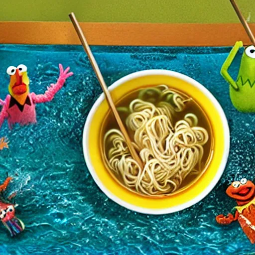 Image similar to muppets swimming in noodle soup