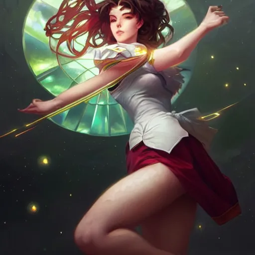 Image similar to Sailor Jupiter, fantasy, intricate, elegant, highly detailed, digital painting, artstation, concept art, matte, sharp focus, illustration, art by Artgerm and Greg Rutkowski and Alphonse Mucha