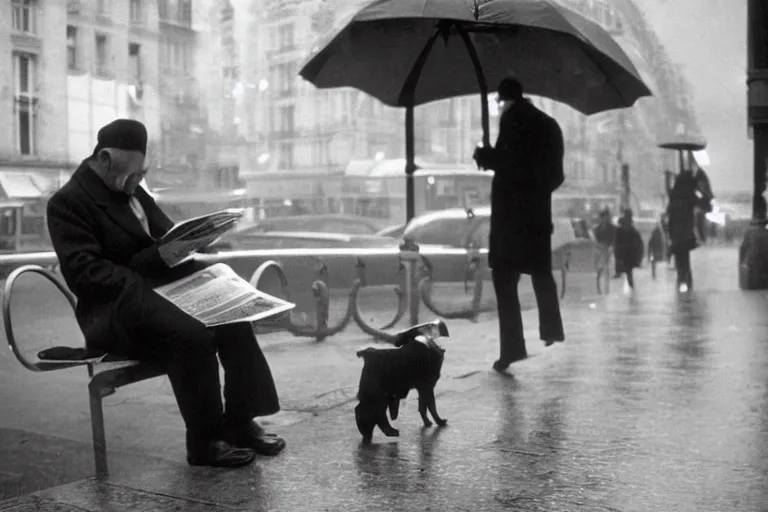 Prompt: a photograph of a dog in a business suit sat at the bus stop reading the newspaper, on a french parisian street in the morning on a rainy day, by henri cartier bresson, cinematic, beautiful lighting, leica