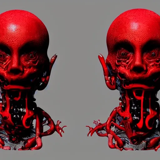 Image similar to octane render of a body horror humanoid, sharp dark shadows, black and red color palette by trevor henderson and junji ito