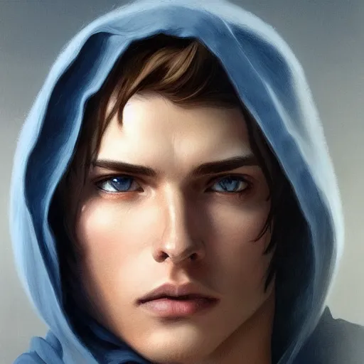 Image similar to ultra realistic illustration, a young man in a white hood, with brown hair, with blue eyes, intricate, elegant, highly detailed, digital painting, artstation, concept art, smooth, sharp focus, illustration, art by artgerm and greg rutkowski and alphonse mucha