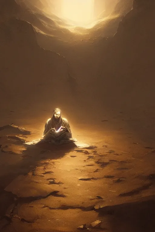 Image similar to lonely wanderer sitting at lap praying in desert, lit by the light of gods, abandoned by gods, hyperdetailed artstation cgsociety by greg rutkowski and by Gustave Dore