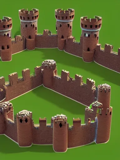 Image similar to medieval castle in a jungle with towers and moat, 3 d, isometric, low poly