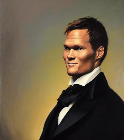 Prompt: official side portrait of united states president tom brady!, chad, in a black suit, 1 8 6 8, a character portrait by cassius marcellus coolidge, reddit contest winner, american romanticism, oil on canvas, detailed painting, creative commons attribution
