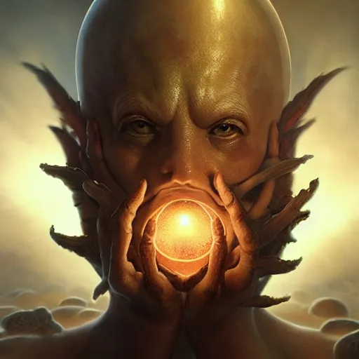 Image similar to by artgerm and agostino arrivabene, visually stunning, cinematic, ultra realistic, hyper realism, epic, octane render, unreal engine, vfx, maya, alien space knight, planet floating above his open hand, fungal enchanter, murloc tinyfin, dread infernal, wee whelp, battle ram