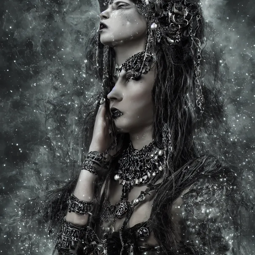 Image similar to A stunning Gothic goddess of jewels in an empty land, dark and mysterious, tranquil oblivion atmospheric, ominous, eerie, cinematic, Epic, 8k, 4k, ultra detail, ultra realistic, rendered by awesomeness