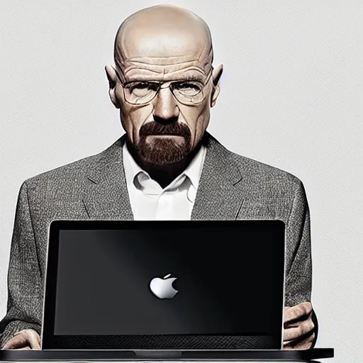 Image similar to walter white presenting the new macbook pro, photorealistic, highly detailed, sharp focus, 4 k, movie still