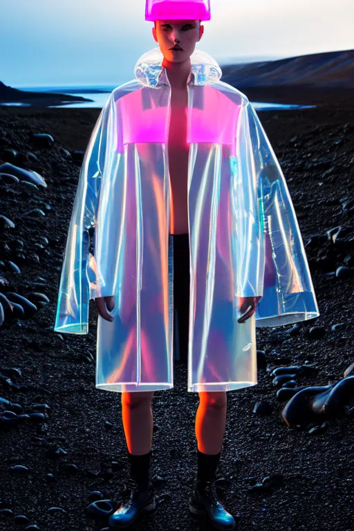 Image similar to an ultra high definition professional high fashion portrait studio full length photograph of a model wearing a transparent pearlescent raincoat and neon visor in an icelandic black rock environment at dawn. no artefacts. extremely detailed. stark. refraction. shallow depth of field. volumetric light and shadow. ray tracing. light rays.