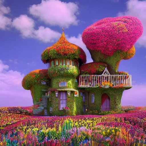 Image similar to a beautiful detailed surreal houses made from flowers in a serene landscape, Edmund Dulac, Jacek Yerka, landscape photography composition,vivid colors,octane render,redshift render :1