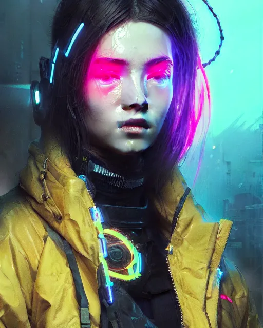 Image similar to detailed portrait neon operator girl, cyberpunk futuristic, neon, reflective puffy coat, decorated with traditional japanese by ismail inceoglu dragan bibin hans thoma greg rutkowski alexandros pyromallis nekro rene margitte, illustrated, perfect face, fine details, realistic shaded, fine - face, pretty face