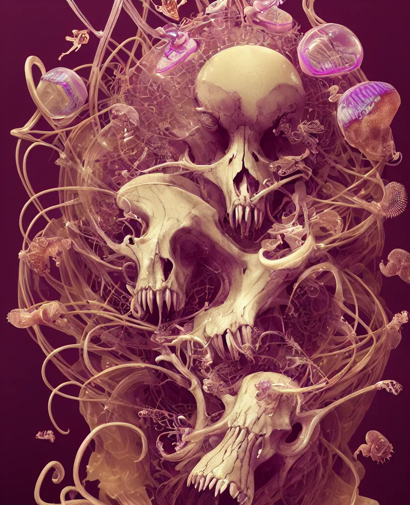 Image similar to goddess close-up portrait ram skull, thorax, x-ray, backbone, jellyfish phoenix head, nautilus, orchid, skull, betta fish, bioluminiscent creatures, intricate artwork by Tooth Wu and wlop and beeple. octane render, trending on artstation, greg rutkowski very coherent symmetrical artwork. cinematic, hyper realism, high detail, octane render, 8k