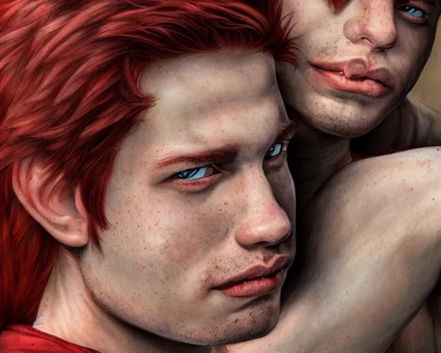 Prompt: portrait short and stocky of 1 9 - year - old male twins with red hair and freckles, two male, wearing shirts,, hyper realistic face, beautiful eyes, character art, art by mark brooks, hyperdetailed, cryengine, trending on artstation, digital art